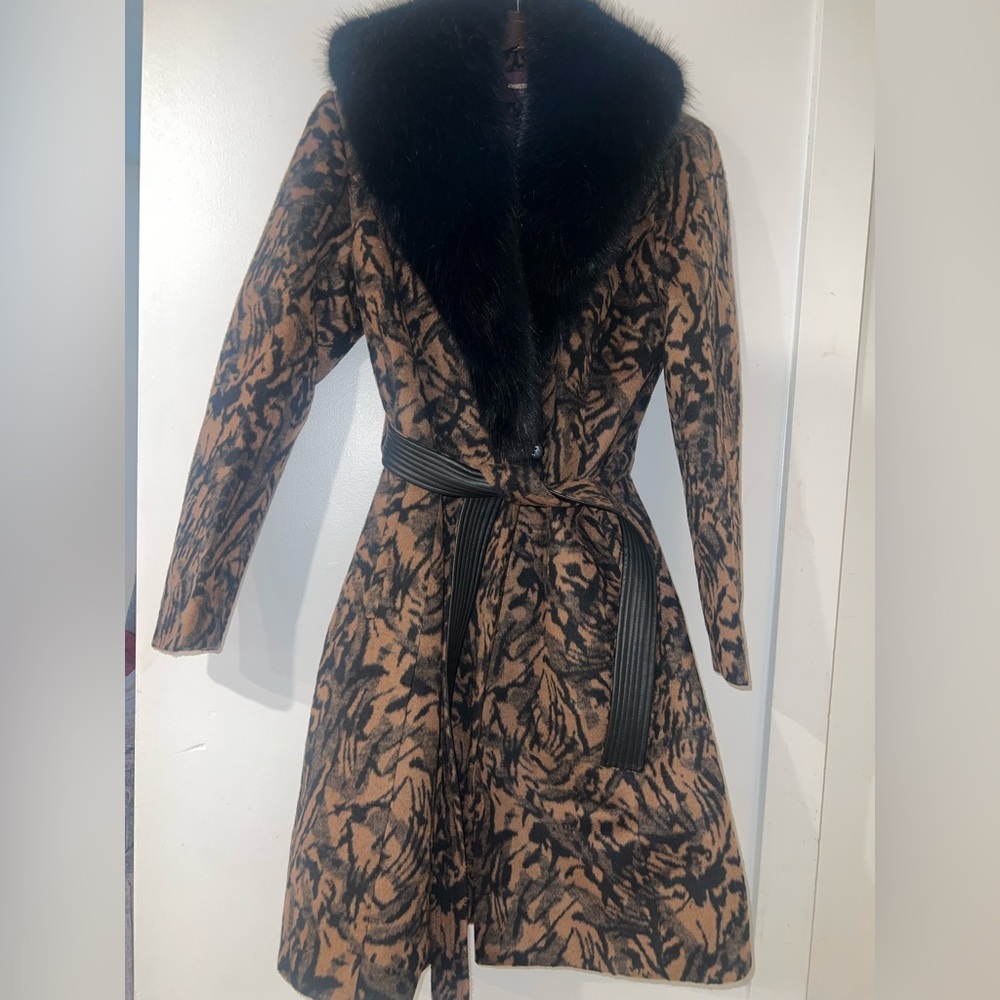 New Johnston & Murphy Lux wool blend Wrap Coat With Faux Fur removable Collar